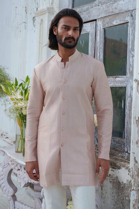 Buy_Amrit Dawani_Pink Chanderi, Cotton Satin, Cotton, Silk Textured Pattern Kurta Set 