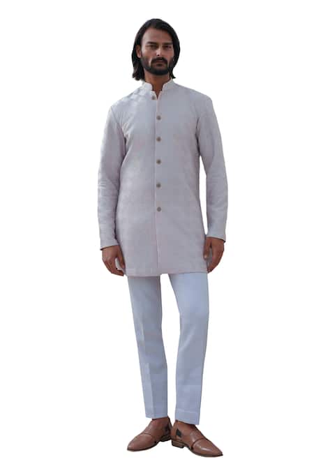 Amrit Dawani_Grey Chanderi, Satin, Textured Pattern Kurta Pant Set _Online_at_Aza_Fashions