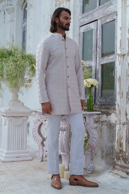 Shop_Amrit Dawani_Grey Chanderi, Satin, Textured Pattern Kurta Pant Set _Online_at_Aza_Fashions