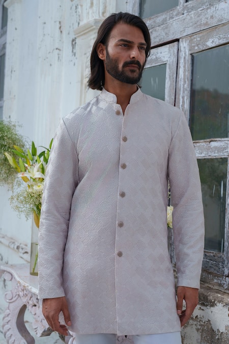 Amrit Dawani_Grey Chanderi, Satin, Textured Pattern Kurta Pant Set _at_Aza_Fashions