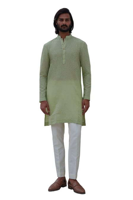 Buy_Amrit Dawani_Green Chanderi, Cotton Satin, Cotton, Silk Geometric Pattern Kurta Set _Online_at_Aza_Fashions