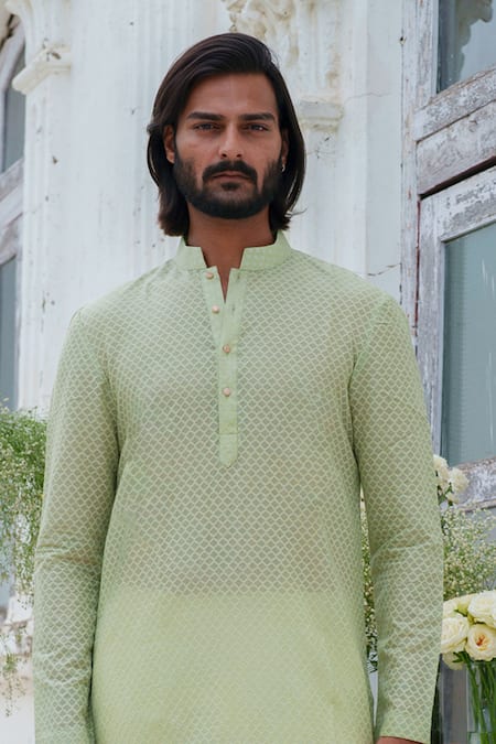 Shop_Amrit Dawani_Green Chanderi, Cotton Satin, Cotton, Silk Geometric Pattern Kurta Set _Online_at_Aza_Fashions