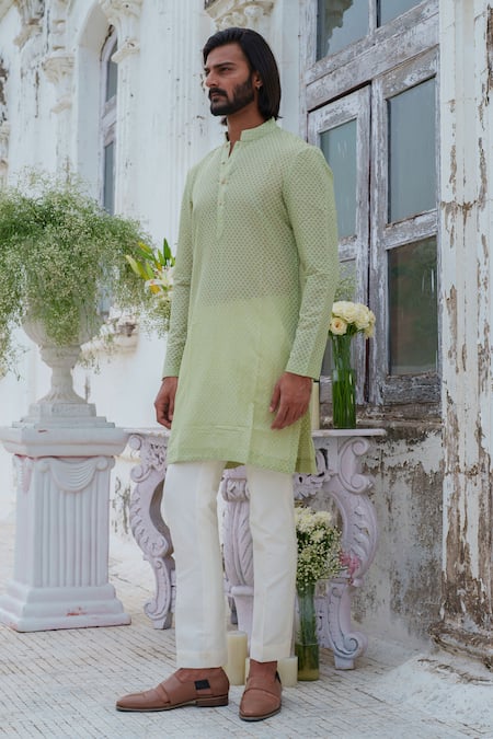 Amrit Dawani_Green Chanderi, Cotton Satin, Cotton, Silk Geometric Pattern Kurta Set _at_Aza_Fashions