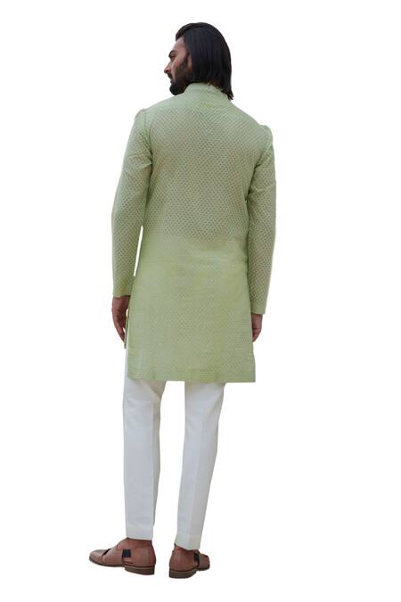 Buy_Amrit Dawani_Green Chanderi, Cotton Satin, Cotton, Silk Geometric Pattern Kurta Set 
