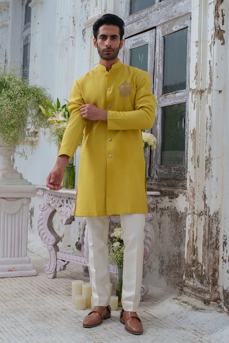 Amrit Dawani_Green , Satin Zari Zardozi Placement Embroidered Kurta Set _Online_at_Aza_Fashions