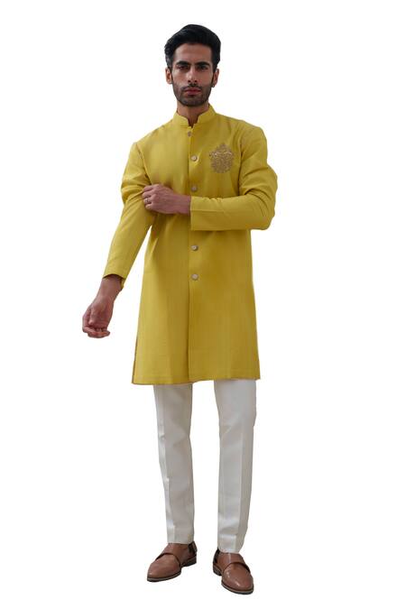 Shop_Amrit Dawani_Green , Satin Zari Zardozi Placement Embroidered Kurta Set _Online_at_Aza_Fashions