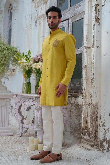 Amrit Dawani_Green , Satin Zari Zardozi Placement Embroidered Kurta Set _at_Aza_Fashions