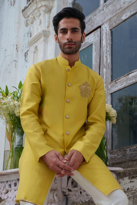 Shop_Amrit Dawani_Green , Satin Zari Zardozi Placement Embroidered Kurta Set 