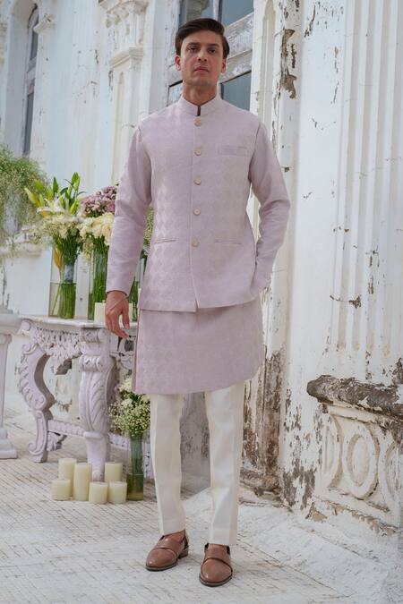 Amrit Dawani_Purple Chanderi, Cotton, Silk Textured Bundi And Kurta Set _at_Aza_Fashions