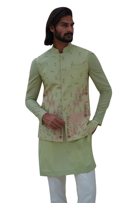 Shop Amrit Dawani Green , Chanderi, Satin Zari, Beads, Zardozi Bundi And Kurta Set Online at Aza Fashions Shop_Amrit Dawani_Green , Chanderi, Satin Zari, Beads, Zardozi Bundi And Kurta Set _Online_at_Aza_Fashions