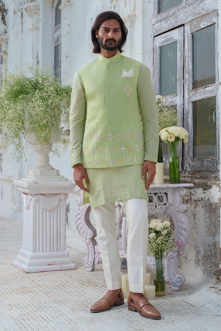 Amrit Dawani Green Bundi Cotton Blended Embroidery Mirror Geometric And Kurta Set