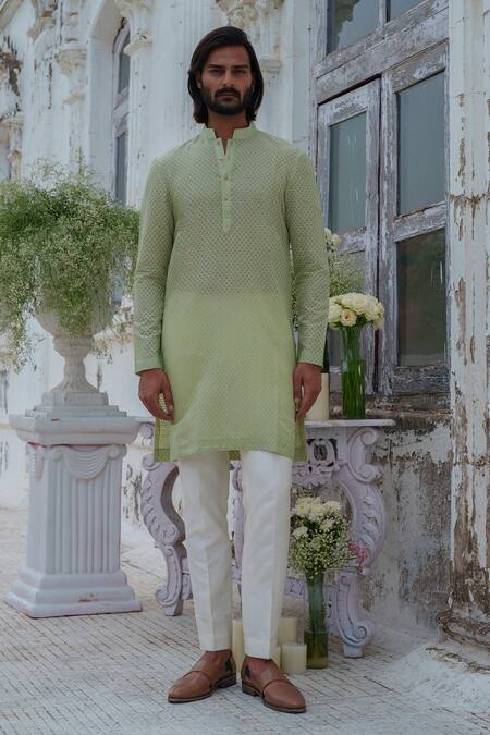 Buy_Amrit Dawani_Green , Chanderi, Satin Mirrors, Geometric Bundi And Kurta Set _Online_at_Aza_Fashions