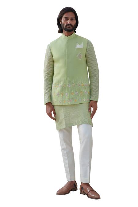 Shop_Amrit Dawani_Green , Chanderi, Satin Mirrors, Geometric Bundi And Kurta Set _Online_at_Aza_Fashions