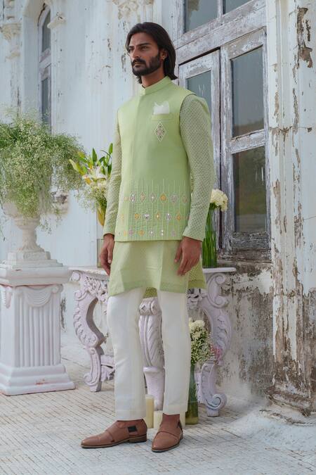Amrit Dawani_Green , Chanderi, Satin Mirrors, Geometric Bundi And Kurta Set _at_Aza_Fashions