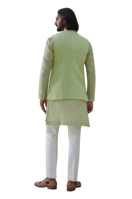 Buy_Amrit Dawani_Green , Chanderi, Satin Mirrors, Geometric Bundi And Kurta Set 