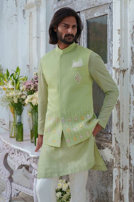 Shop_Amrit Dawani_Green , Chanderi, Satin Mirrors, Geometric Bundi And Kurta Set 