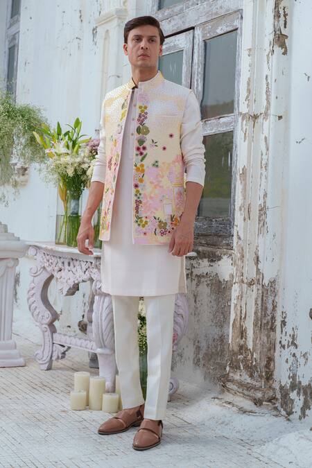 Shop_Amrit Dawani_Multi Color Silk, Cotton Embroidery Floral Bundi And Kurta Set _Online_at_Aza_Fashions