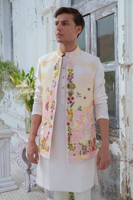Buy_Amrit Dawani_Multi Color Silk, Cotton Embroidery Floral Bundi And Kurta Set 