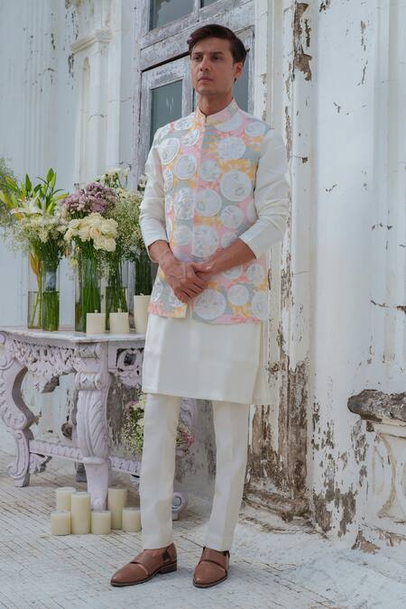 Shop_Amrit Dawani_Multi Color Silk, Cotton Beads Embroidered Bundi And Kurta Set _Online_at_Aza_Fashions