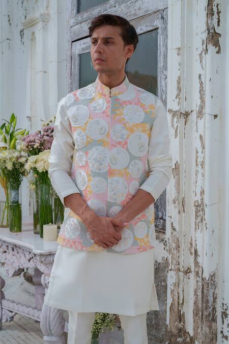 Buy_Amrit Dawani_Multi Color Silk, Cotton Beads Embroidered Bundi And Kurta Set 