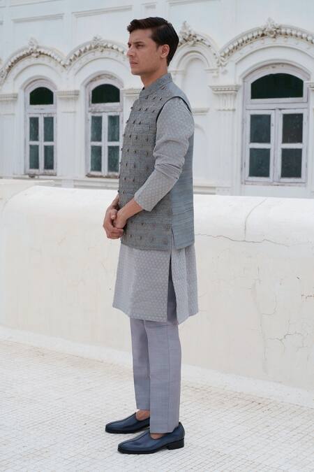 Shop_Amrit Dawani_Gray Silk, Chanderi Beads Diamond Embroidered Bundi And Kurta Set _Online_at_Aza_Fashions