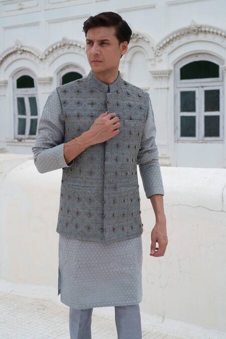 Buy_Amrit Dawani_Gray Silk, Chanderi Beads Diamond Embroidered Bundi And Kurta Set 