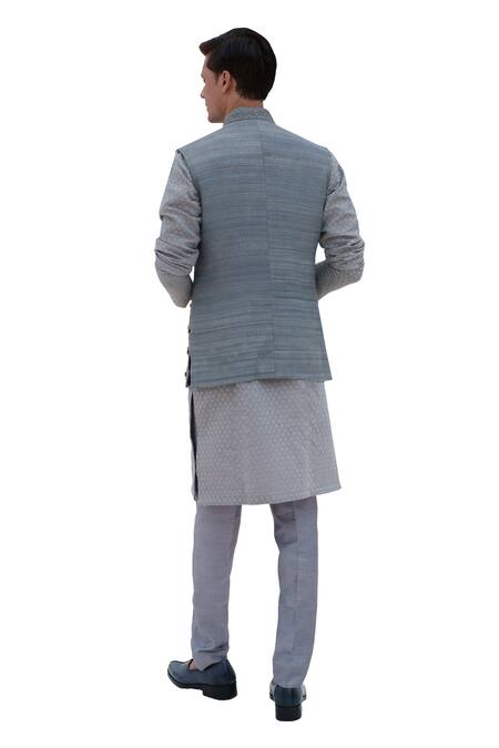 Shop_Amrit Dawani_Gray Silk, Chanderi Beads Diamond Embroidered Bundi And Kurta Set 