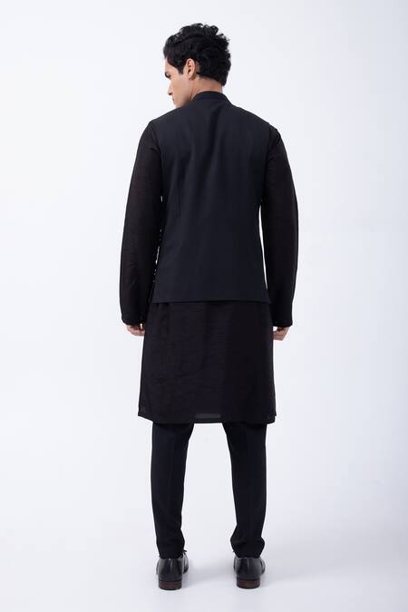 Shop Kaka Calcutta Black Bamboo, Cotton, Silk Beads Embellished Bundi Pyjama Set at Aza Fashions Shop_Kaka Calcutta_Black Bamboo, Cotton, Silk Beads Embellished Bundi Pyjama Set _at_Aza_Fashions