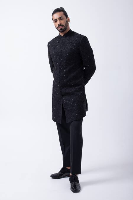 Buy Kaka Calcutta Black Satin Beads Embellished Sherwani With Pant Online at Aza Fashions Buy_Kaka Calcutta_Black Satin Beads Embellished Sherwani With Pant _Online_at_Aza_Fashions