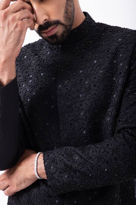 Shop Kaka Calcutta Black Satin Beads Embellished Sherwani With Pant Online at Aza Fashions Shop_Kaka Calcutta_Black Satin Beads Embellished Sherwani With Pant _Online_at_Aza_Fashions