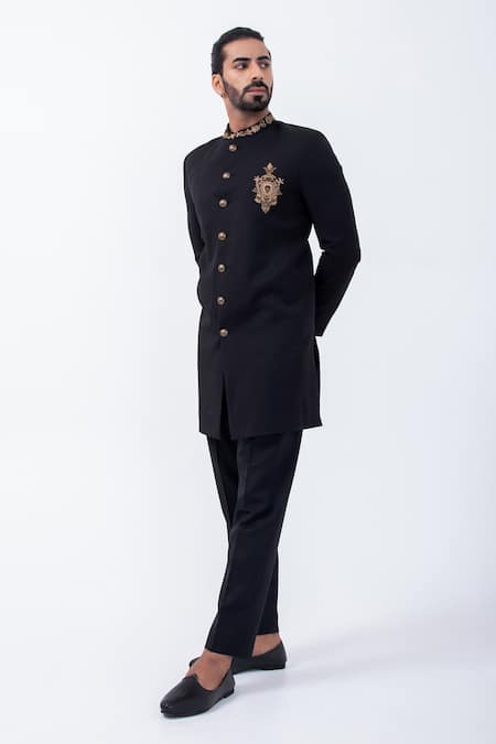 KAKA CALCUTTA Black Suiting Embroidered Zardozi Bandhgala With Pant 