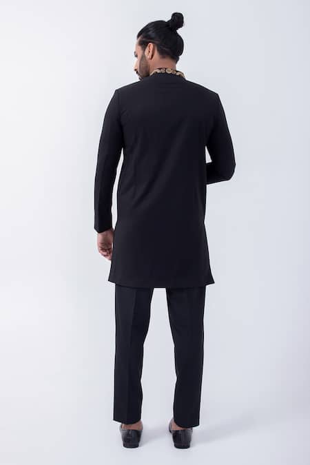 Shop Kaka Calcutta Black Wool Zari Zardozi Embroidered Bandhgala With Pant at Aza Fashions Shop_Kaka Calcutta_Black Wool Zari Zardozi Embroidered Bandhgala With Pant _at_Aza_Fashions