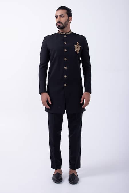 Buy Kaka Calcutta Black Wool Zari Zardozi Embroidered Bandhgala With Pant Online at Aza Fashions Buy_Kaka Calcutta_Black Wool Zari Zardozi Embroidered Bandhgala With Pant _Online_at_Aza_Fashions