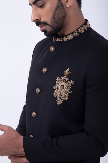 Shop Kaka Calcutta Black Wool Zari Zardozi Embroidered Bandhgala With Pant Online at Aza Fashions Shop_Kaka Calcutta_Black Wool Zari Zardozi Embroidered Bandhgala With Pant _Online_at_Aza_Fashions