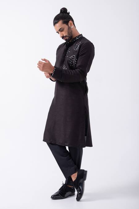 Buy Kaka Calcutta Black Bamboo, Cotton, Silk Mirrors Embellished Kurta With Pyjama Online at Aza Fashions Buy_Kaka Calcutta_Black Bamboo, Cotton, Silk Mirrors Embellished Kurta With Pyjama _Online_at_Aza_Fashions
