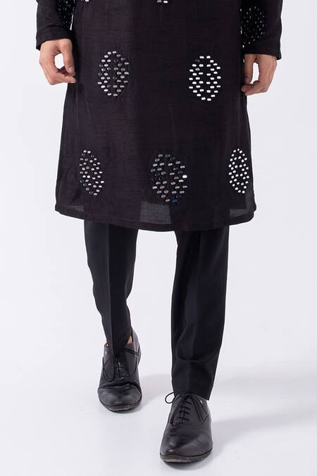 Kaka Calcutta Black Bamboo, Cotton, Silk Mirrors Circular Embellished Kurta With Pyjama Online at Aza Fashions Kaka Calcutta_Black Bamboo, Cotton, Silk Mirrors Circular Embellished Kurta With Pyjama _Online_at_Aza_Fashions