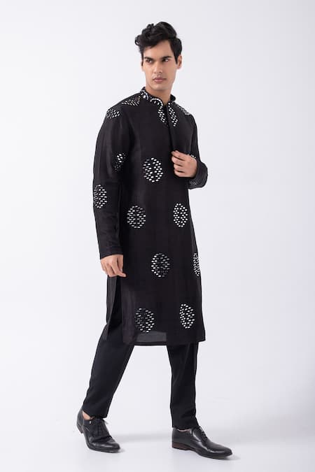 Buy Kaka Calcutta Black Bamboo, Cotton, Silk Mirrors Circular Embellished Kurta With Pyjama Online at Aza Fashions Buy_Kaka Calcutta_Black Bamboo, Cotton, Silk Mirrors Circular Embellished Kurta With Pyjama _Online_at_Aza_Fashions