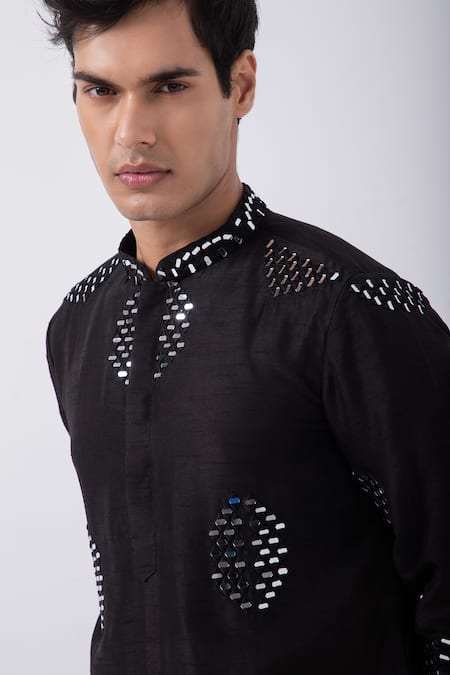 Shop Kaka Calcutta Black Bamboo, Cotton, Silk Mirrors Circular Embellished Kurta With Pyjama Online at Aza Fashions Shop_Kaka Calcutta_Black Bamboo, Cotton, Silk Mirrors Circular Embellished Kurta With Pyjama _Online_at_Aza_Fashions
