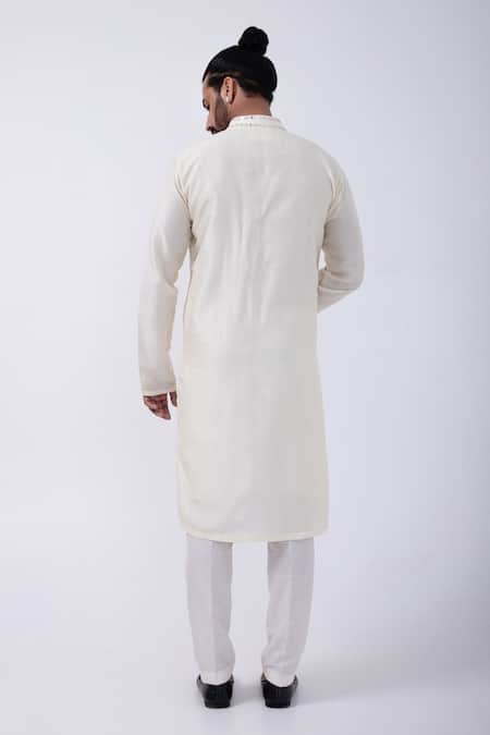Shop Kaka Calcutta Ivory Bamboo, Cotton, Silk Mirrors Wave Embellished Kurta With Pyjama at Aza Fashions Shop_Kaka Calcutta_Ivory Bamboo, Cotton, Silk Mirrors Wave Embellished Kurta With Pyjama _at_Aza_Fashions