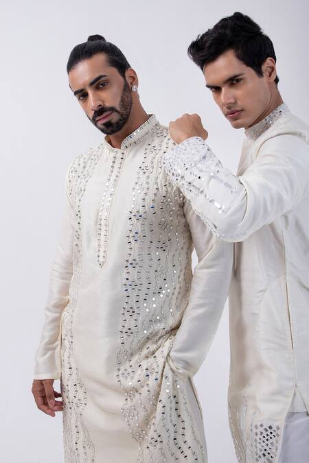 Kaka Calcutta Ivory Bamboo, Cotton, Silk Mirrors Wave Embellished Kurta With Pyjama Online at Aza Fashions Kaka Calcutta_Ivory Bamboo, Cotton, Silk Mirrors Wave Embellished Kurta With Pyjama _Online_at_Aza_Fashions