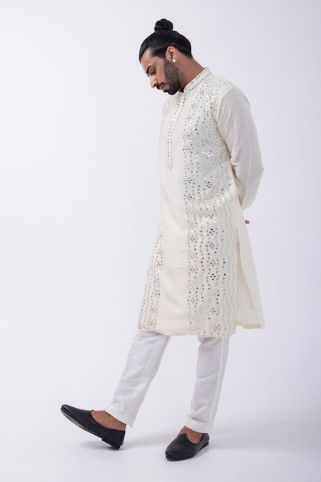 Shop Kaka Calcutta Ivory Bamboo, Cotton, Silk Mirrors Wave Embellished Kurta With Pyjama Online at Aza Fashions Shop_Kaka Calcutta_Ivory Bamboo, Cotton, Silk Mirrors Wave Embellished Kurta With Pyjama _Online_at_Aza_Fashions