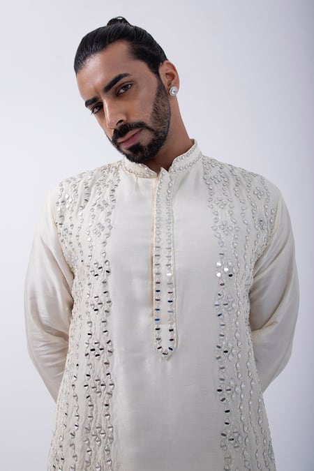 Kaka Calcutta Ivory Bamboo, Cotton, Silk Mirrors Wave Embellished Kurta With Pyjama at Aza Fashions Kaka Calcutta_Ivory Bamboo, Cotton, Silk Mirrors Wave Embellished Kurta With Pyjama _at_Aza_Fashions
