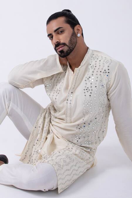 Buy Kaka Calcutta Ivory Bamboo, Cotton, Silk Mirrors Wave Embellished Kurta With Pyjama Buy_Kaka Calcutta_Ivory Bamboo, Cotton, Silk Mirrors Wave Embellished Kurta With Pyjama