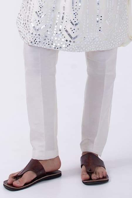 Kaka Calcutta Ivory Bamboo, Cotton, Silk Mirrors Embellished Hem Kurta With Pyjama Online at Aza Fashions Kaka Calcutta_Ivory Bamboo, Cotton, Silk Mirrors Embellished Hem Kurta With Pyjama _Online_at_Aza_Fashions