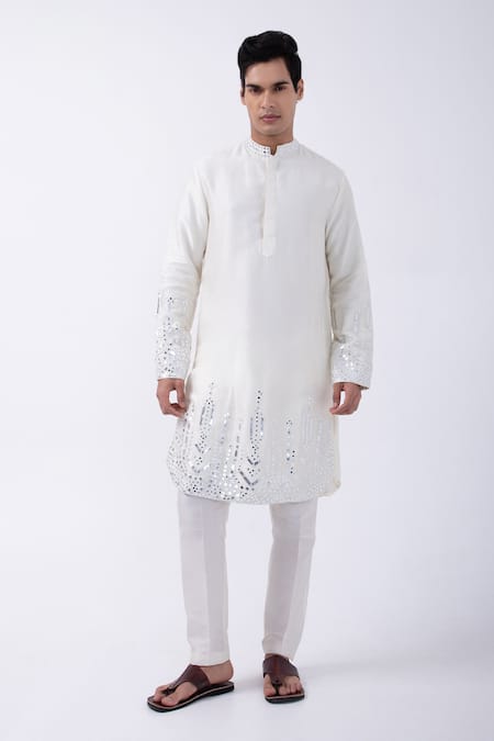 Buy Kaka Calcutta Ivory Bamboo, Cotton, Silk Mirrors Embellished Hem Kurta With Pyjama Online at Aza Fashions Buy_Kaka Calcutta_Ivory Bamboo, Cotton, Silk Mirrors Embellished Hem Kurta With Pyjama _Online_at_Aza_Fashions