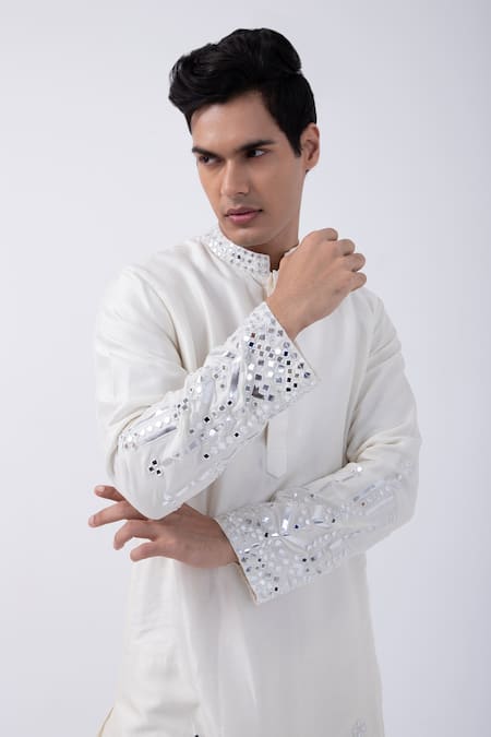 Shop Kaka Calcutta Ivory Bamboo, Cotton, Silk Mirrors Embellished Hem Kurta With Pyjama Online at Aza Fashions Shop_Kaka Calcutta_Ivory Bamboo, Cotton, Silk Mirrors Embellished Hem Kurta With Pyjama _Online_at_Aza_Fashions