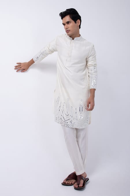 Kaka Calcutta Ivory Bamboo, Cotton, Silk Mirrors Embellished Hem Kurta With Pyjama at Aza Fashions Kaka Calcutta_Ivory Bamboo, Cotton, Silk Mirrors Embellished Hem Kurta With Pyjama _at_Aza_Fashions
