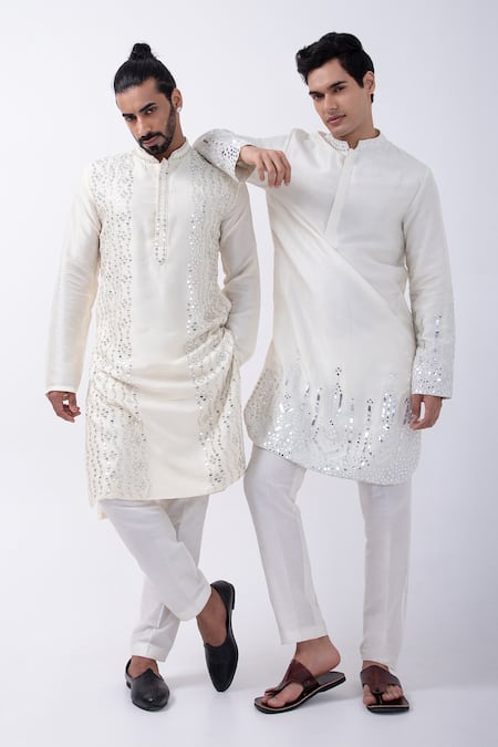 Buy Kaka Calcutta Ivory Bamboo, Cotton, Silk Mirrors Embellished Hem Kurta With Pyjama Buy_Kaka Calcutta_Ivory Bamboo, Cotton, Silk Mirrors Embellished Hem Kurta With Pyjama
