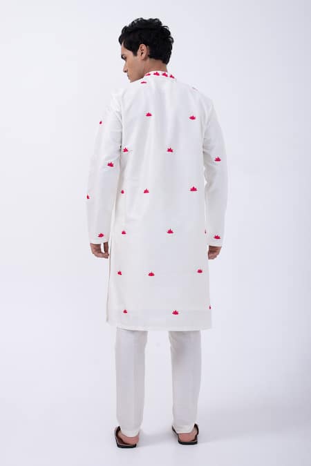 Shop Kaka Calcutta Ivory Bamboo, Cotton, Silk Embroidery Lotus Kurta With Pyjama at Aza Fashions Shop_Kaka Calcutta_Ivory Bamboo, Cotton, Silk Embroidery Lotus Kurta With Pyjama _at_Aza_Fashions