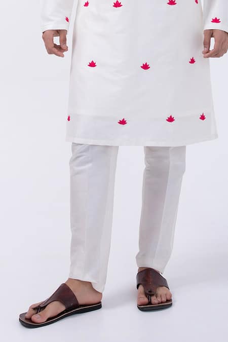 Kaka Calcutta Ivory Bamboo, Cotton, Silk Embroidery Lotus Kurta With Pyjama Online at Aza Fashions Kaka Calcutta_Ivory Bamboo, Cotton, Silk Embroidery Lotus Kurta With Pyjama _Online_at_Aza_Fashions